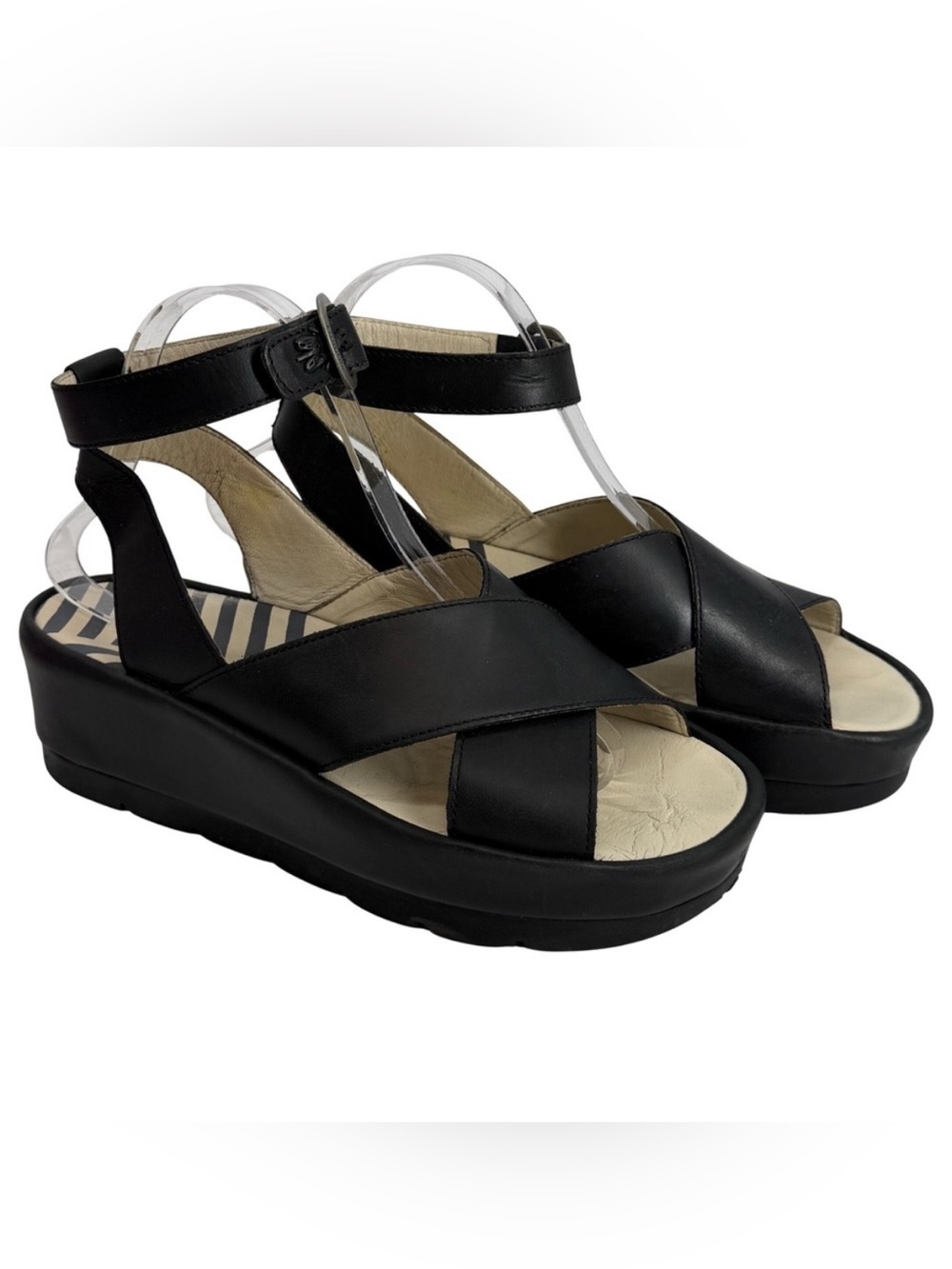 Fly London Bocy Black Platform Crisscross Strappy Ankle Sandals Size 42 Leather
